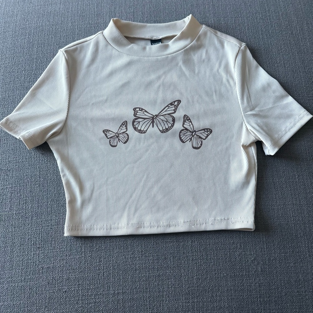 Cream Butterfly Print Crop Top